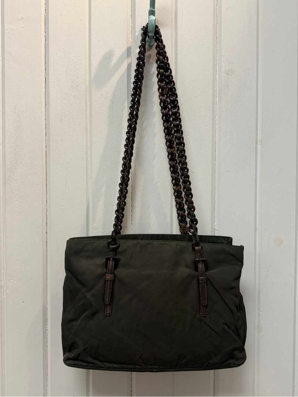 Prada Vintage Green Nylon Classic Shoulder Tote Bag with Acrylic Chain Straps